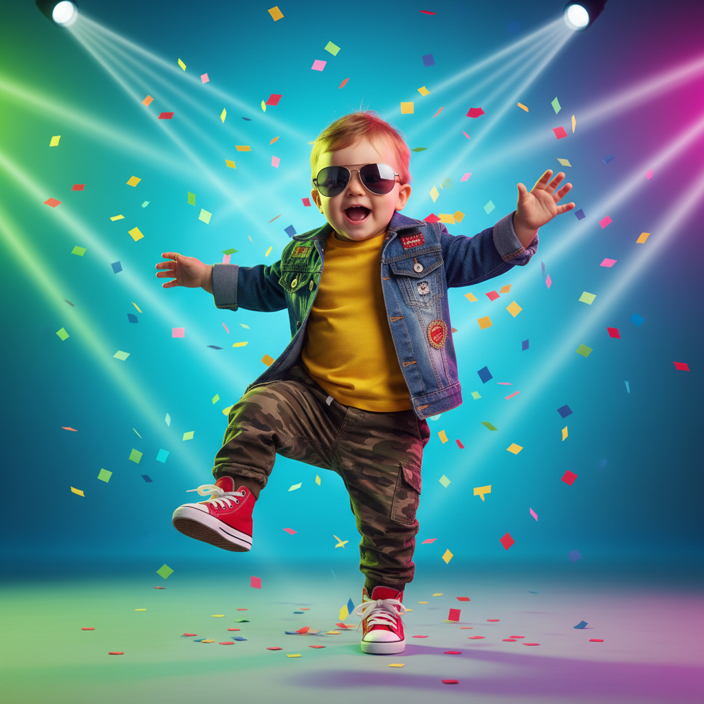 Cute baby wearing sunglasses and a cool denim jacket dancing hip hop