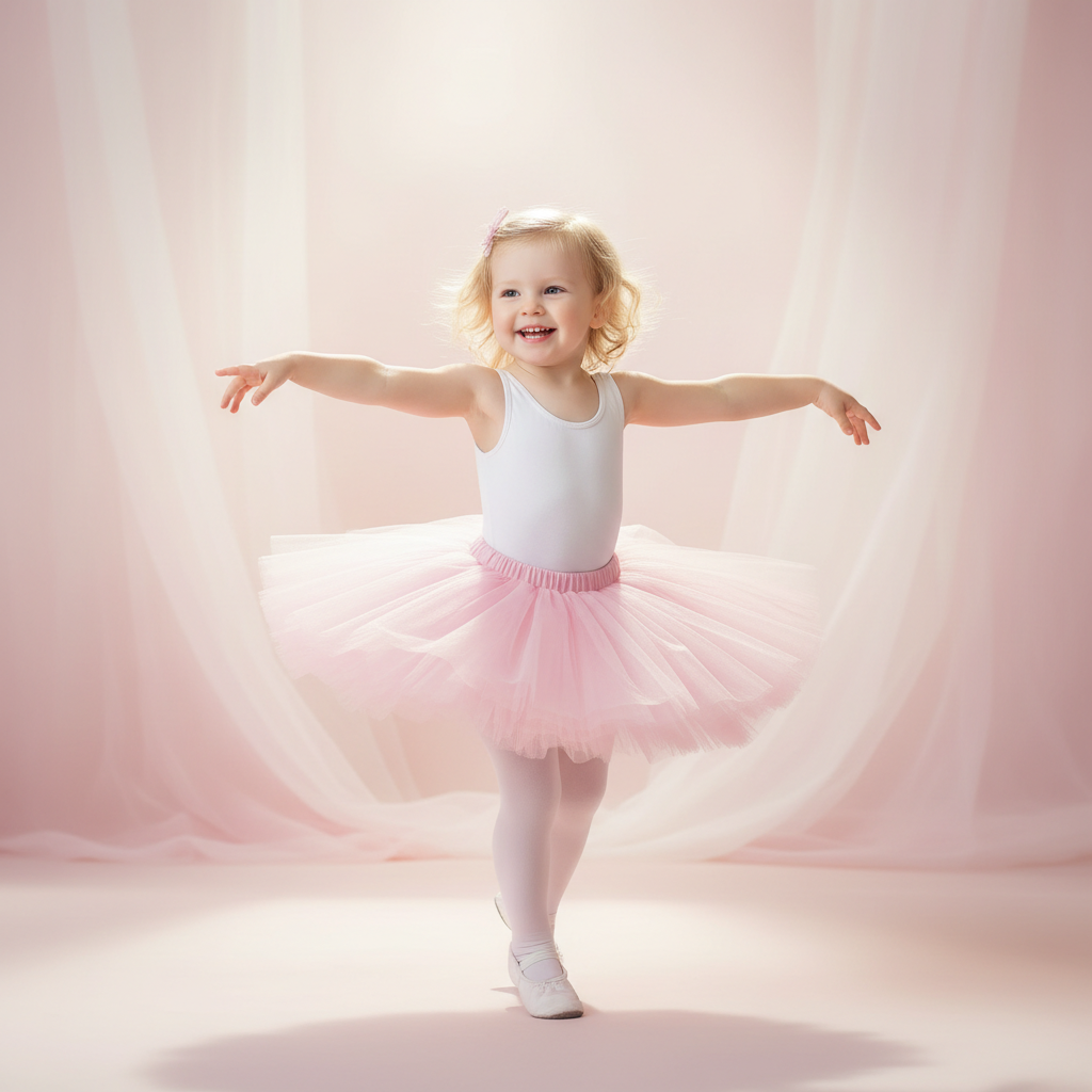 Toddler in a ballerina tutu doing a twirl