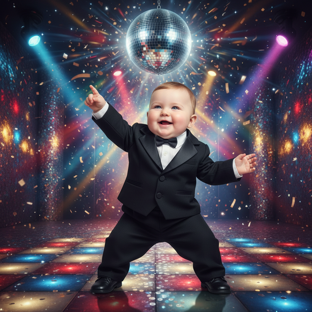 Funny baby wearing a tuxedo doing a disco move