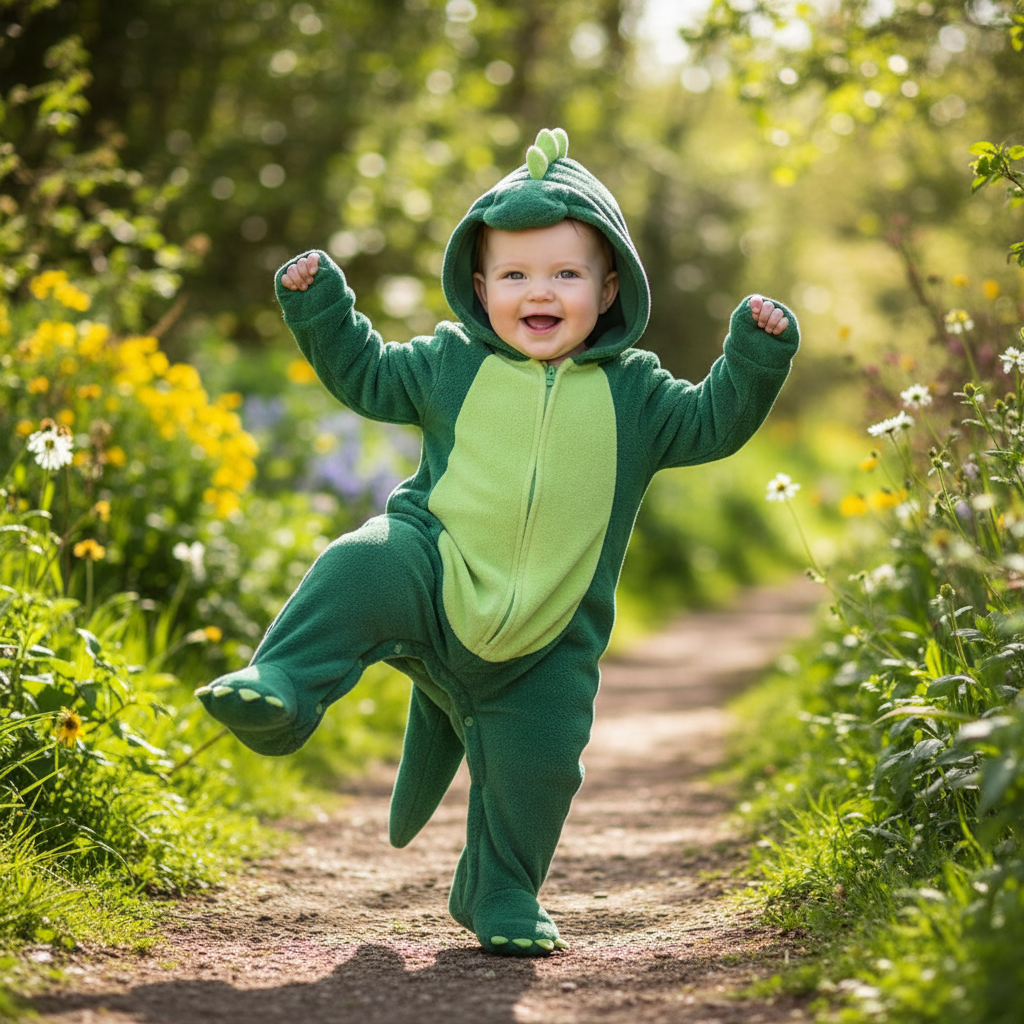 Baby in a green dinosaur onesie stomping and dancing